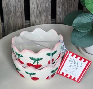Luna & Sage Set of 2 Cherry Theme Bowls With Pink Scallop Rim NEW Kitchy Retro